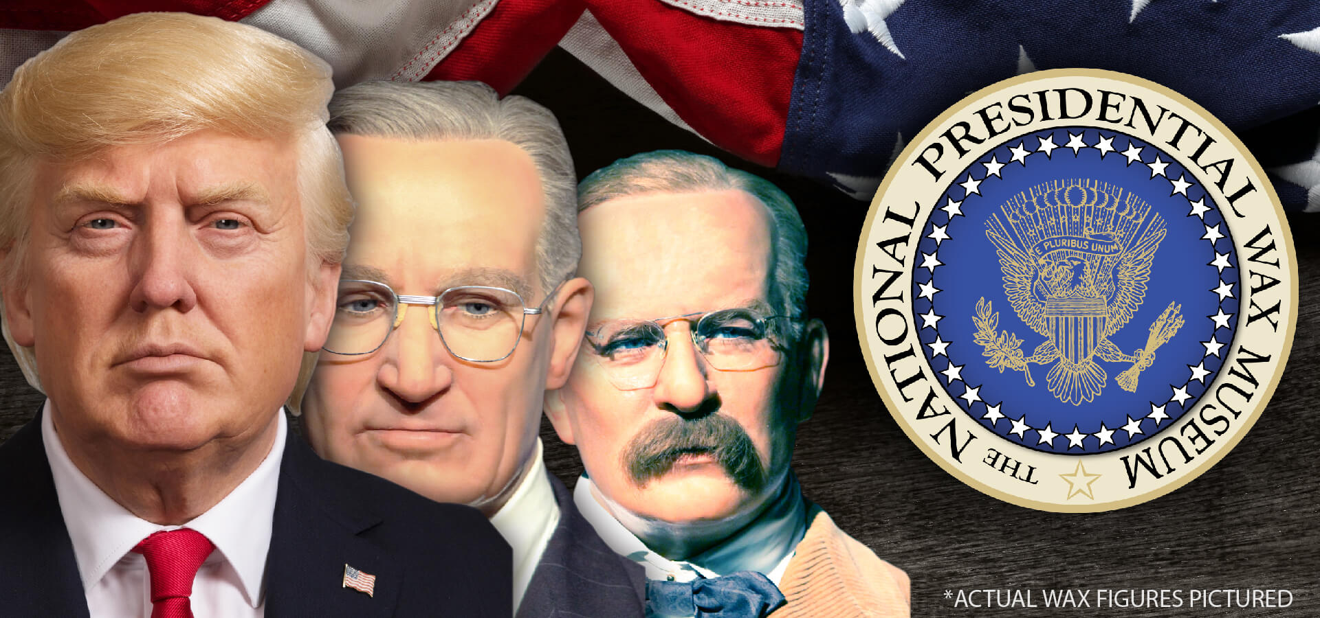 Three US Presidents along with the Presidential Seal. 