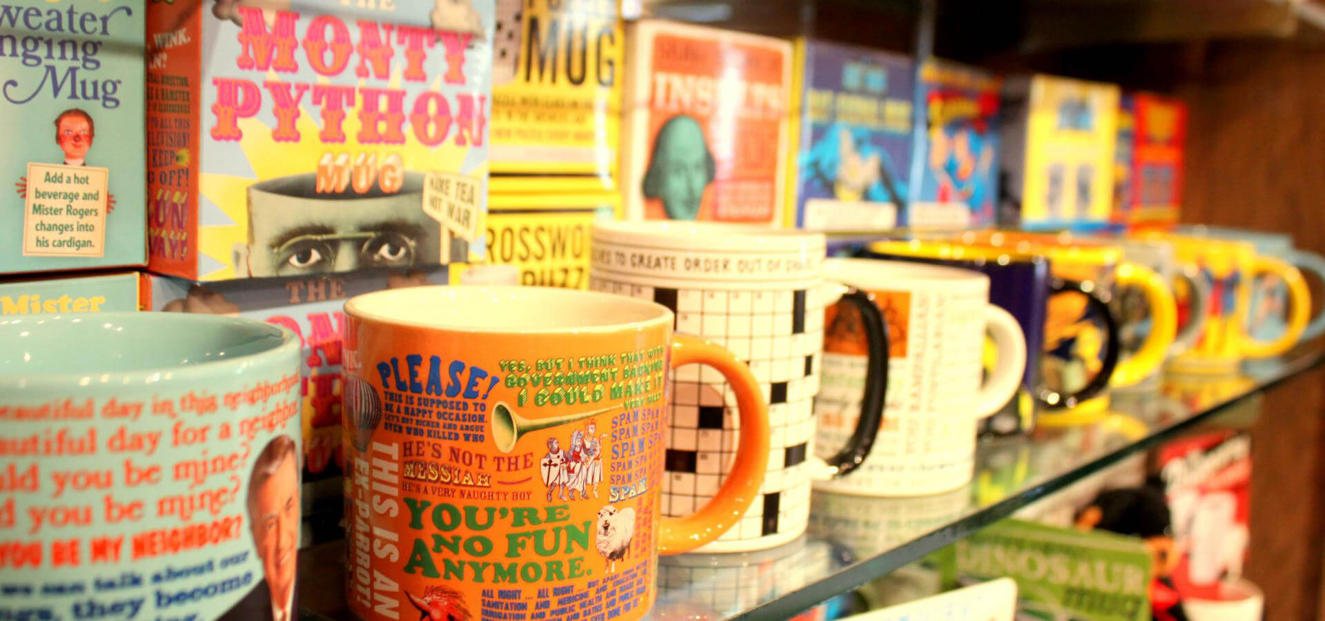 A close up photo of coffee mugs sold at The National Presidential Wax Museum Gift Shop. 